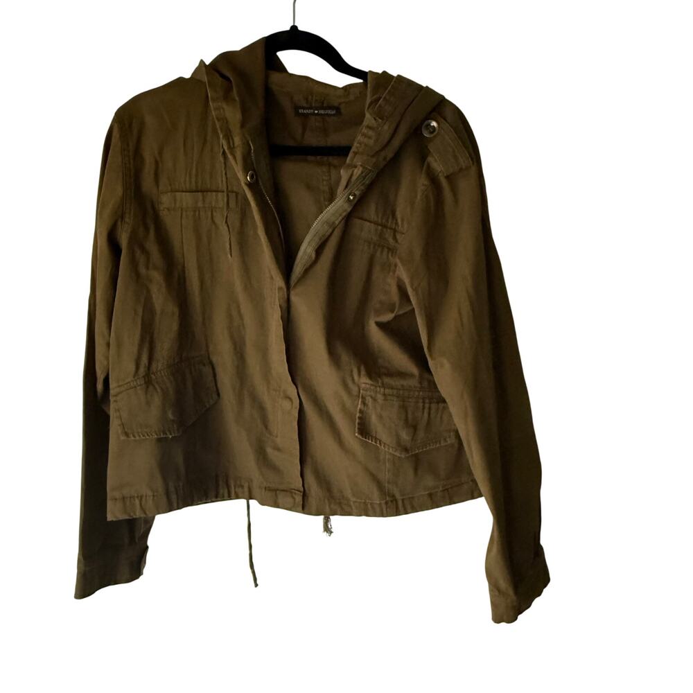 Brandy Melville Womens Olive Green Utility Jacket Hooded Cropped Military Coat